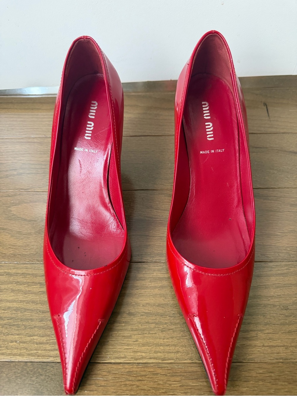 VINTAGE Miu Miu Red Patent Leather Pointed Chisel Toe Pumps | Size 38